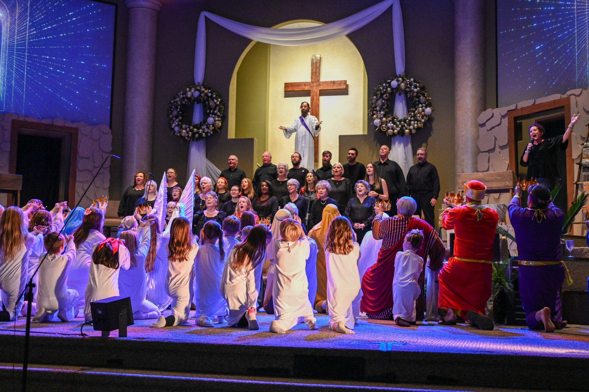 Christmas production with choir, children, and cast