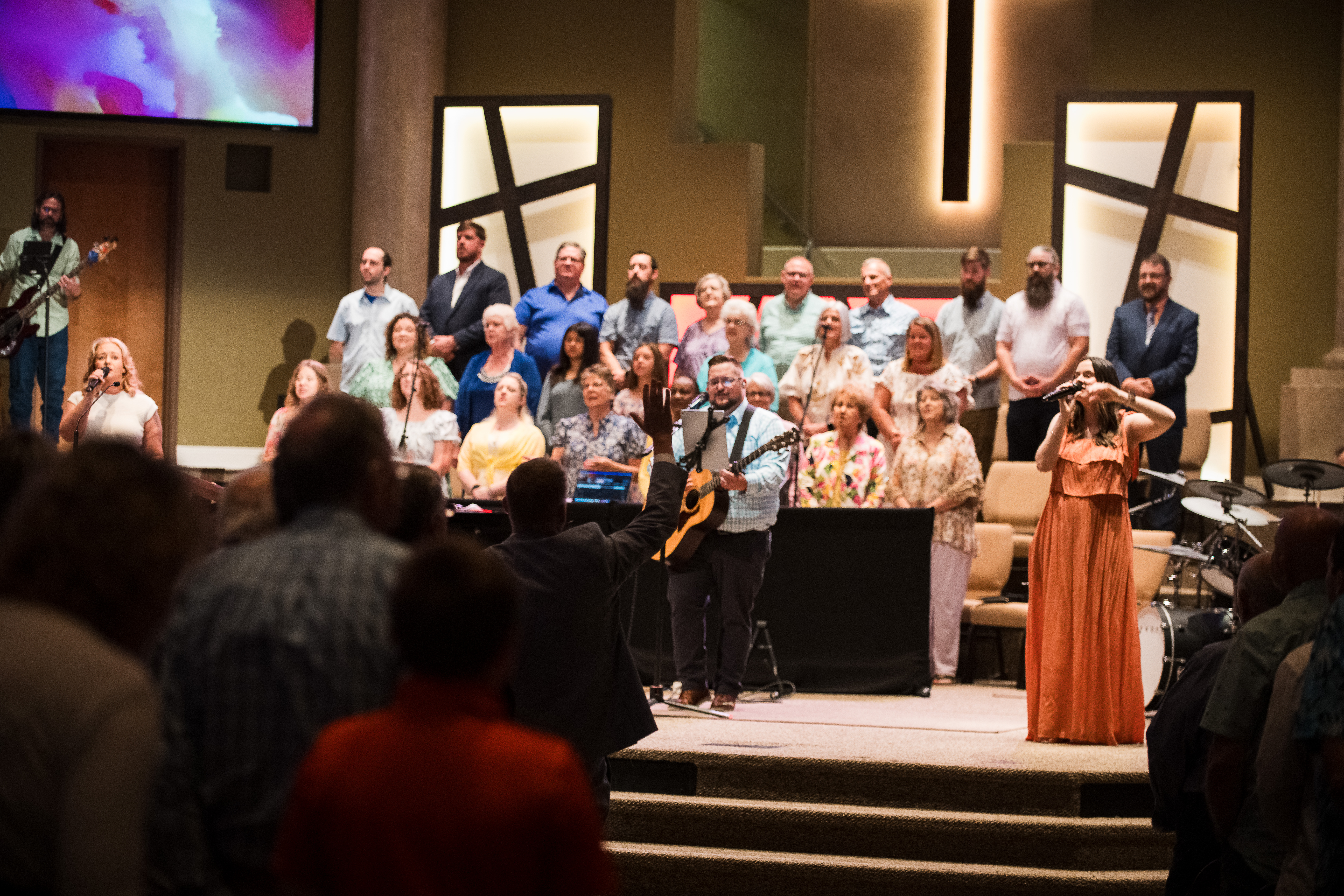 PTBC worship service with choir and congregation